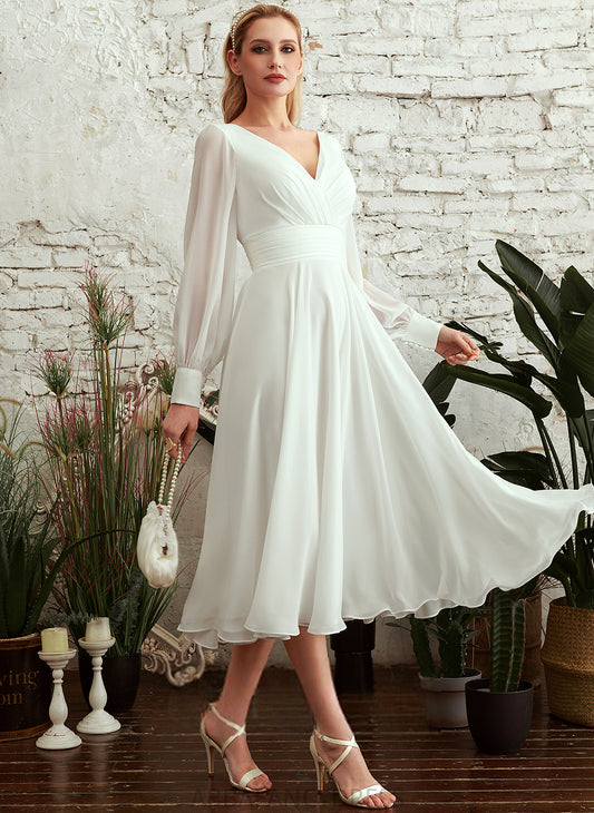 A-Line Dress Wedding Dresses V-neck Chiffon Armani Wedding Tea-Length