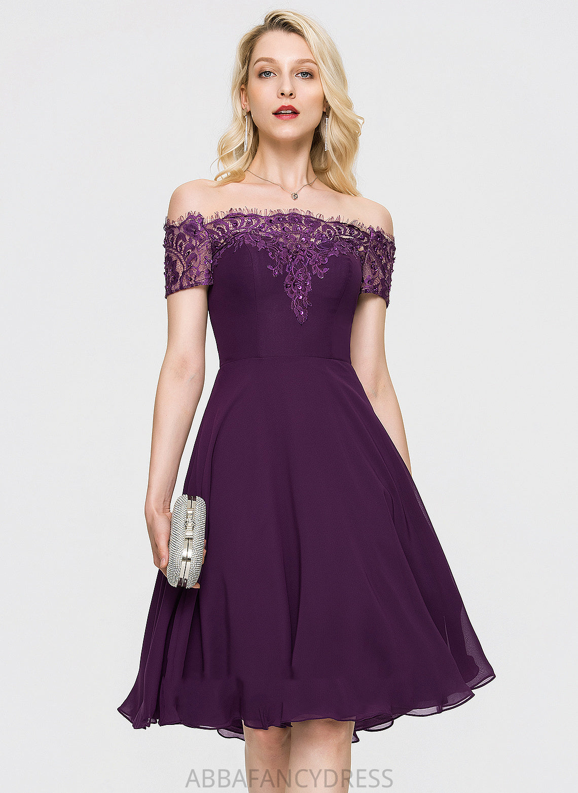 Clara Chiffon Homecoming Beading With A-Line Dress Knee-Length Lace Off-the-Shoulder Homecoming Dresses