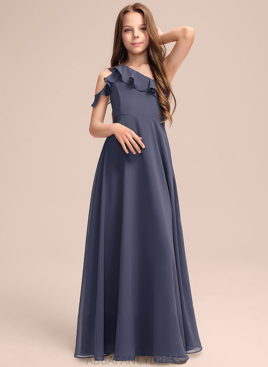 One-Shoulder Floor-Length Abigail A-Line Cascading Chiffon Junior Bridesmaid Dresses Ruffles With