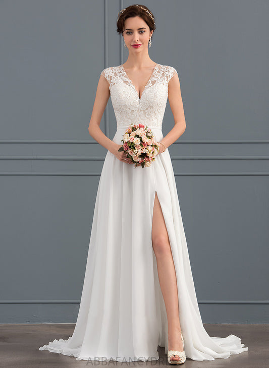 Train With Wedding Dress Wedding Dresses V-neck Raquel Front Split Chiffon A-Line Sweep