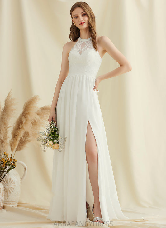 Wedding Dresses Floor-Length Split Lexi With Lace Neck Chiffon A-Line Scoop Dress Front Wedding