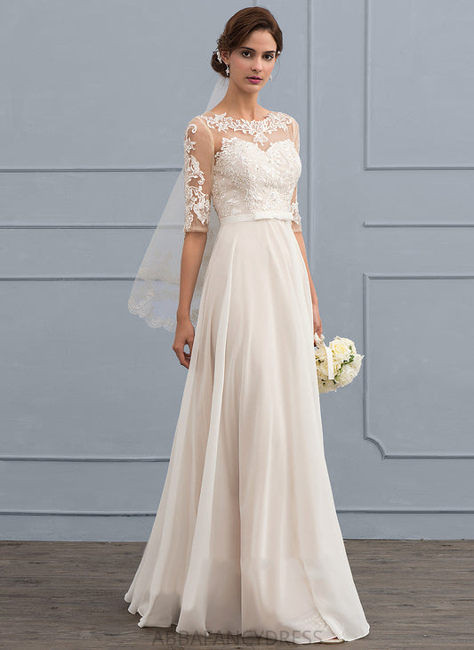 With Wedding Dresses Floor-Length Wedding Lace Dress Yaritza A-Line Bow(s) Illusion Sequins Beading Chiffon