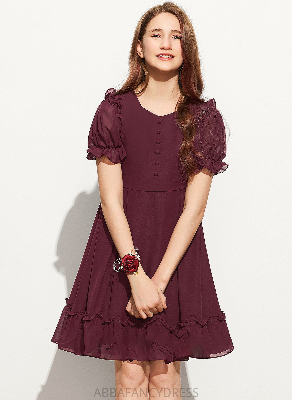 Neck With Miriam A-Line Bow(s) Knee-Length Cascading Scoop Junior Bridesmaid Dresses Ruffles Chiffon