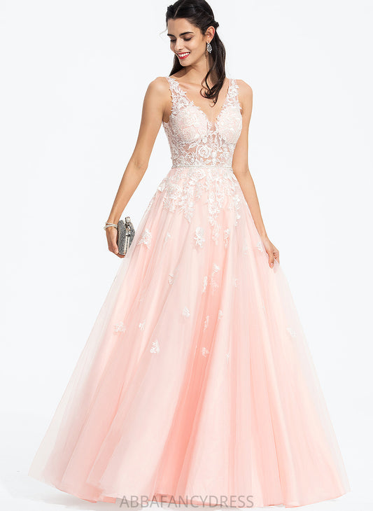 V-neck Tulle Beading Prom Dresses Ball-Gown/Princess Sequins Giovanna With Floor-Length