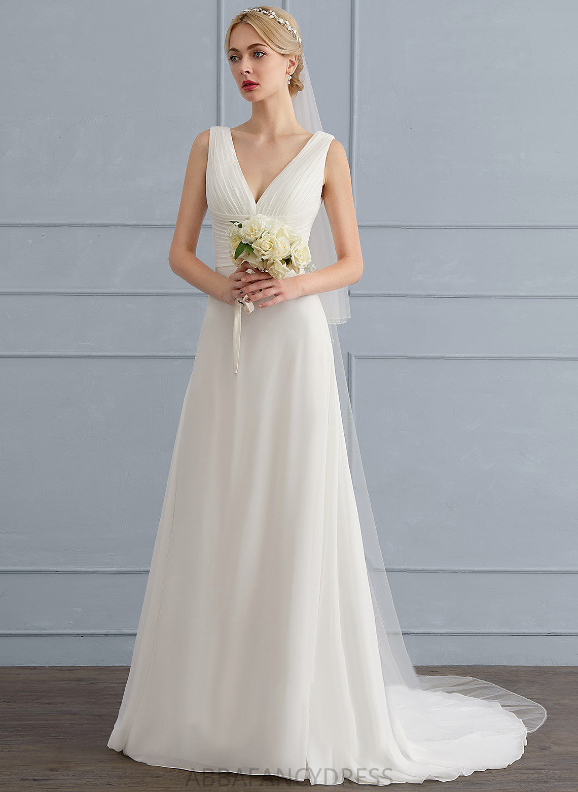 Wedding Dresses A-Line Train Lace Ruffle Dress Sweep Chiffon With V-neck Gabriella Wedding