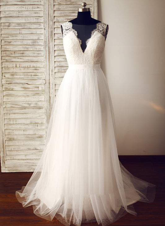 A-Line Train Dress Wedding Dresses Renee V-neck Tulle Wedding Sweep