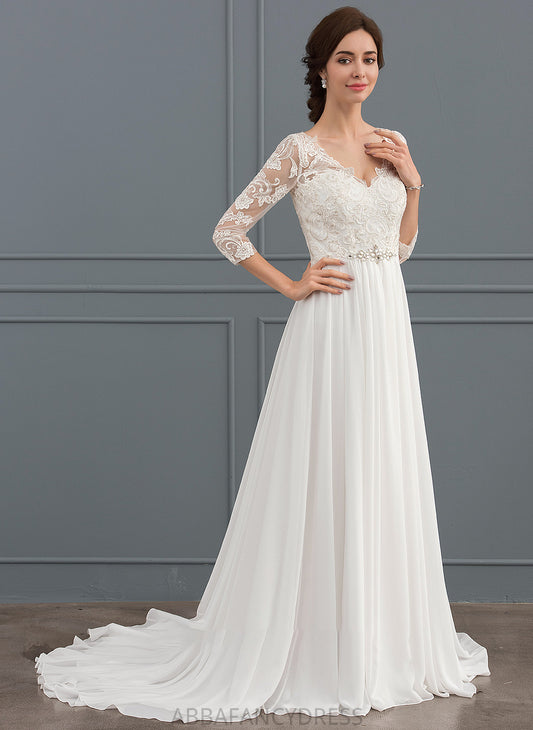 Dress Wedding Sweep Beading Sequins V-neck A-Line Train Alula Lace Wedding Dresses With Chiffon