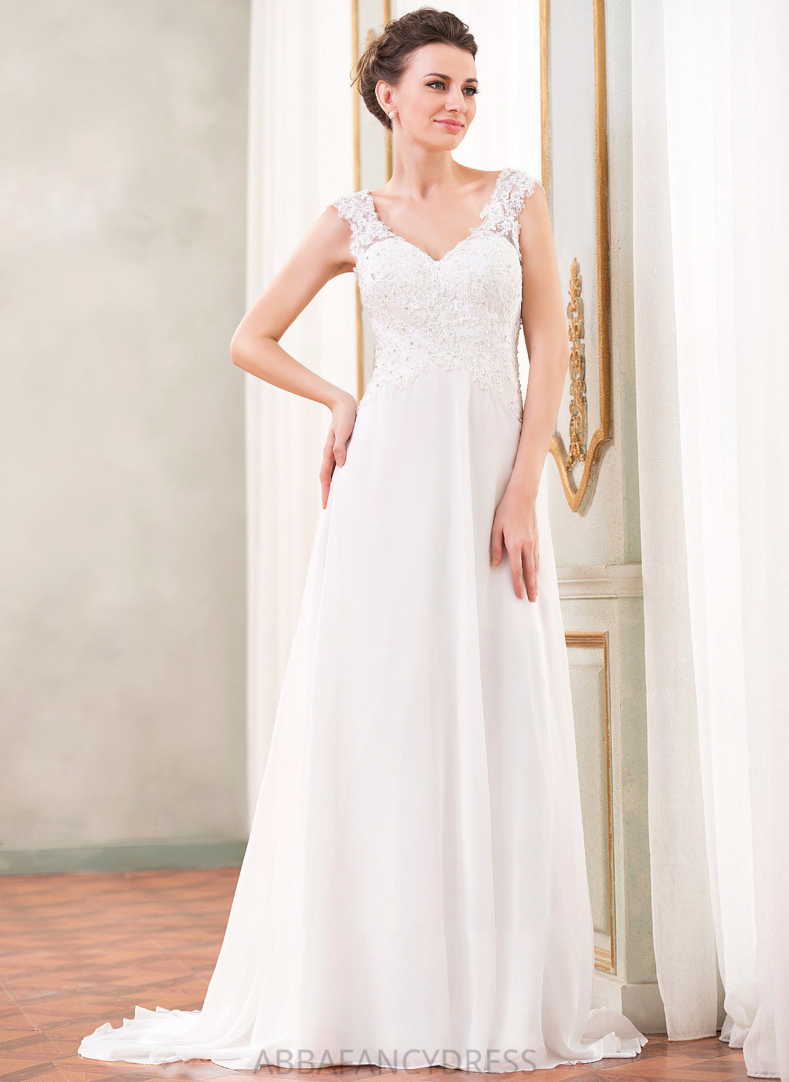 Beading Dress V-neck Chiffon Wedding A-Line Alina Wedding Dresses Sequins Train With Lace Sweep