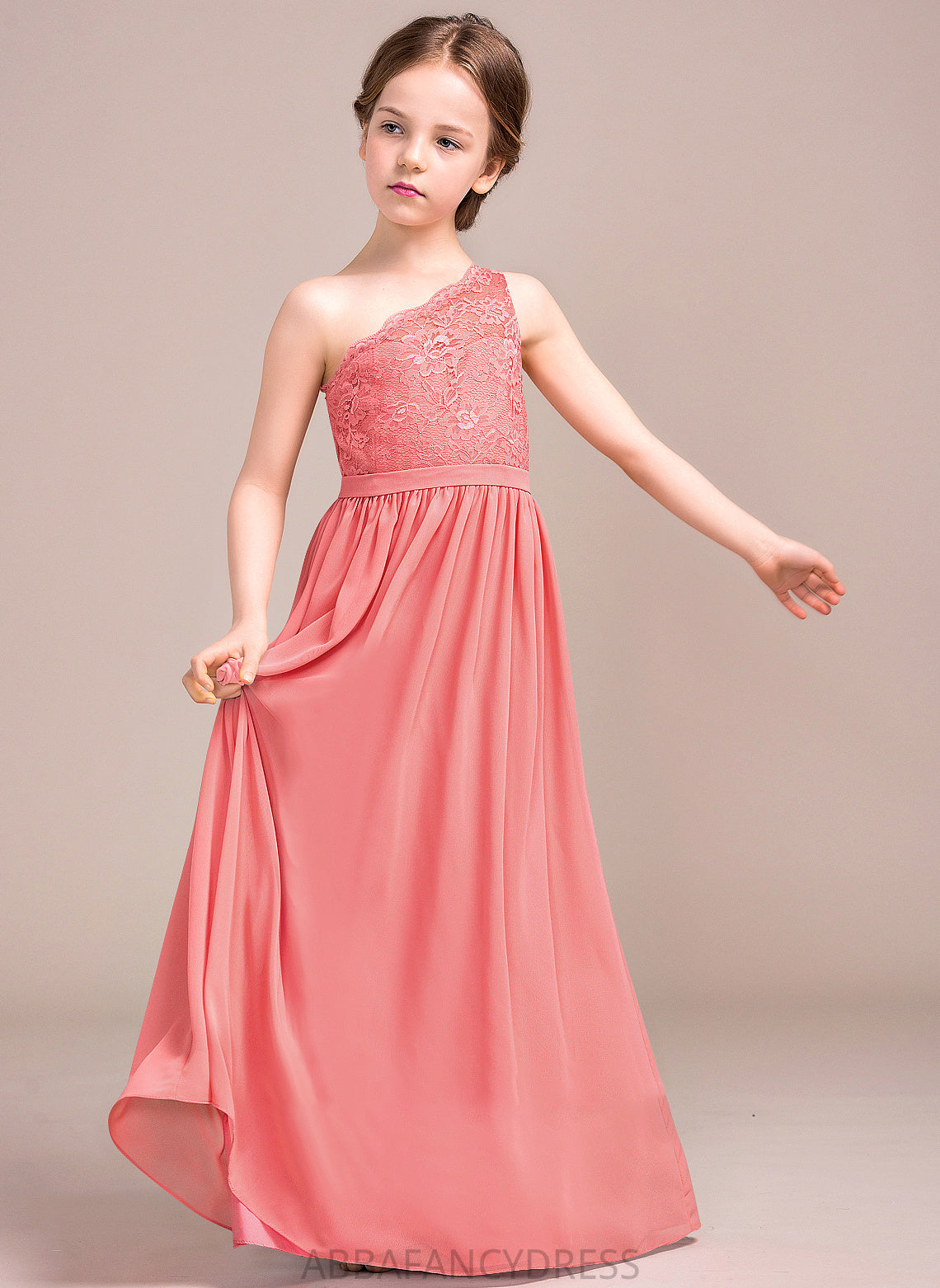 Libby A-Line One-Shoulder Lace Floor-Length Chiffon Junior Bridesmaid Dresses