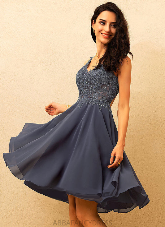 A-Line Lace Beading Knee-Length Dress V-neck Belen With Homecoming Chiffon Homecoming Dresses