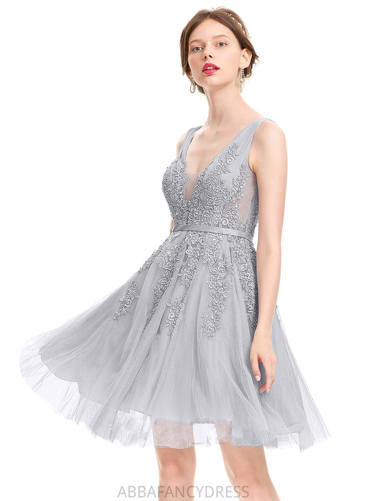 A-Line Tulle Kaylyn Beading Homecoming Sequins Dress Knee-Length With Lace V-neck Homecoming Dresses