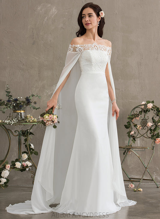 Sheath/Column Lace Train Wedding Willow Off-the-Shoulder Dress Wedding Dresses Lace With Court Chiffon