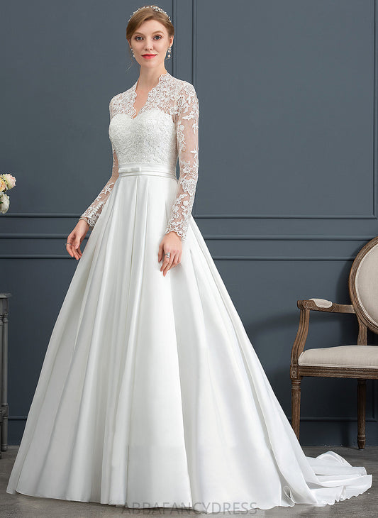 Court Marianna With Wedding Wedding Dresses Ball-Gown/Princess Train Lace V-neck Satin Bow(s) Dress