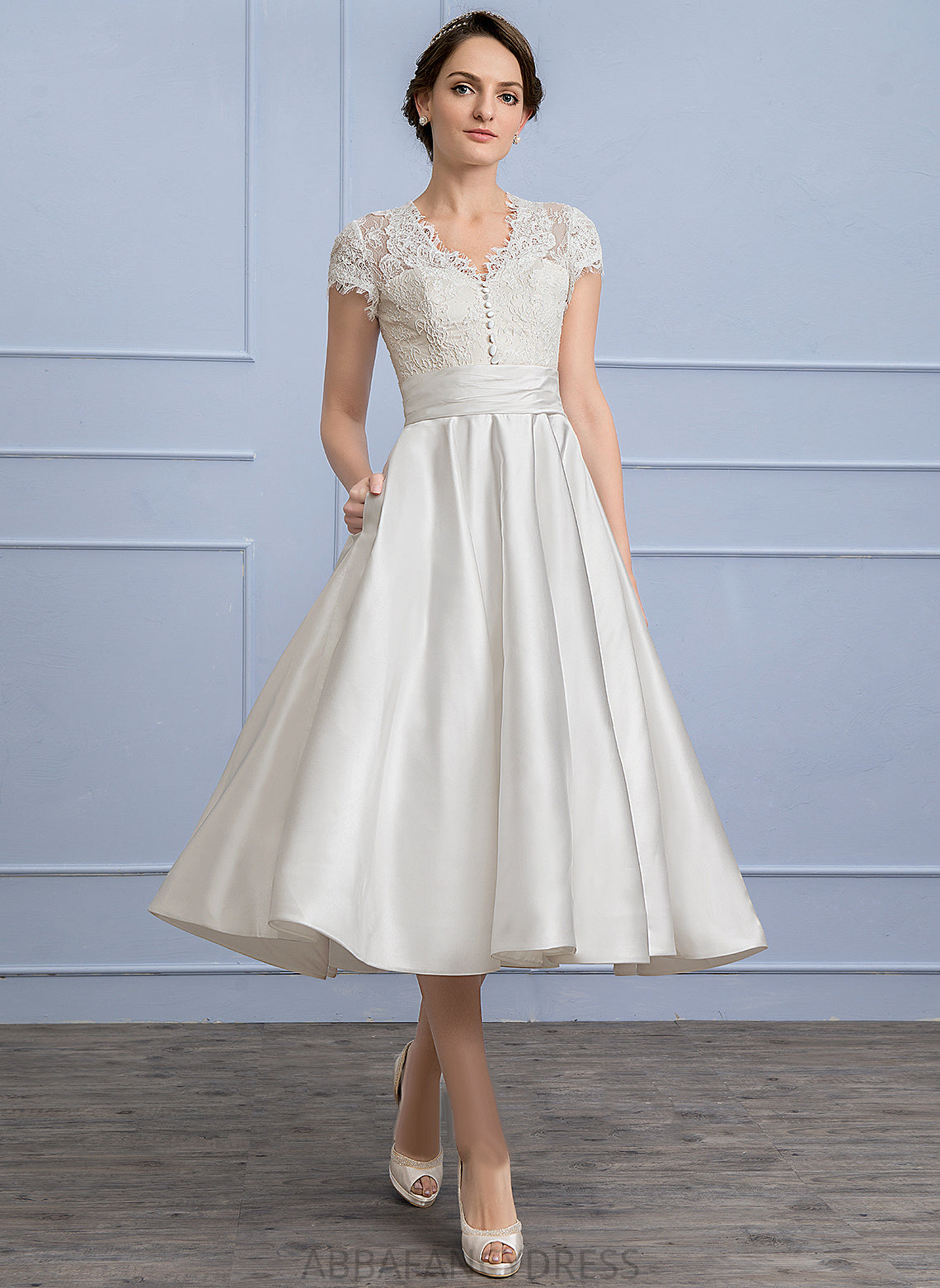 Satin Dress With Wedding A-Line Sophia Tea-Length Wedding Dresses Pockets Lace Ruffle V-neck