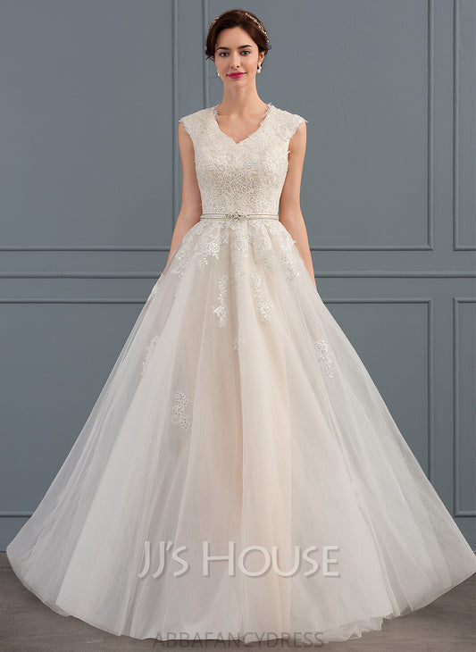 Beading Sequins Wedding Tulle V-neck Wedding Dresses With Dress Train Sweep Bow(s) A-Line Katelynn