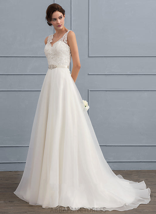 Beading With Wedding Dresses Organza A-Line Lace Sweep Bow(s) Train Wedding Brylee Dress V-neck