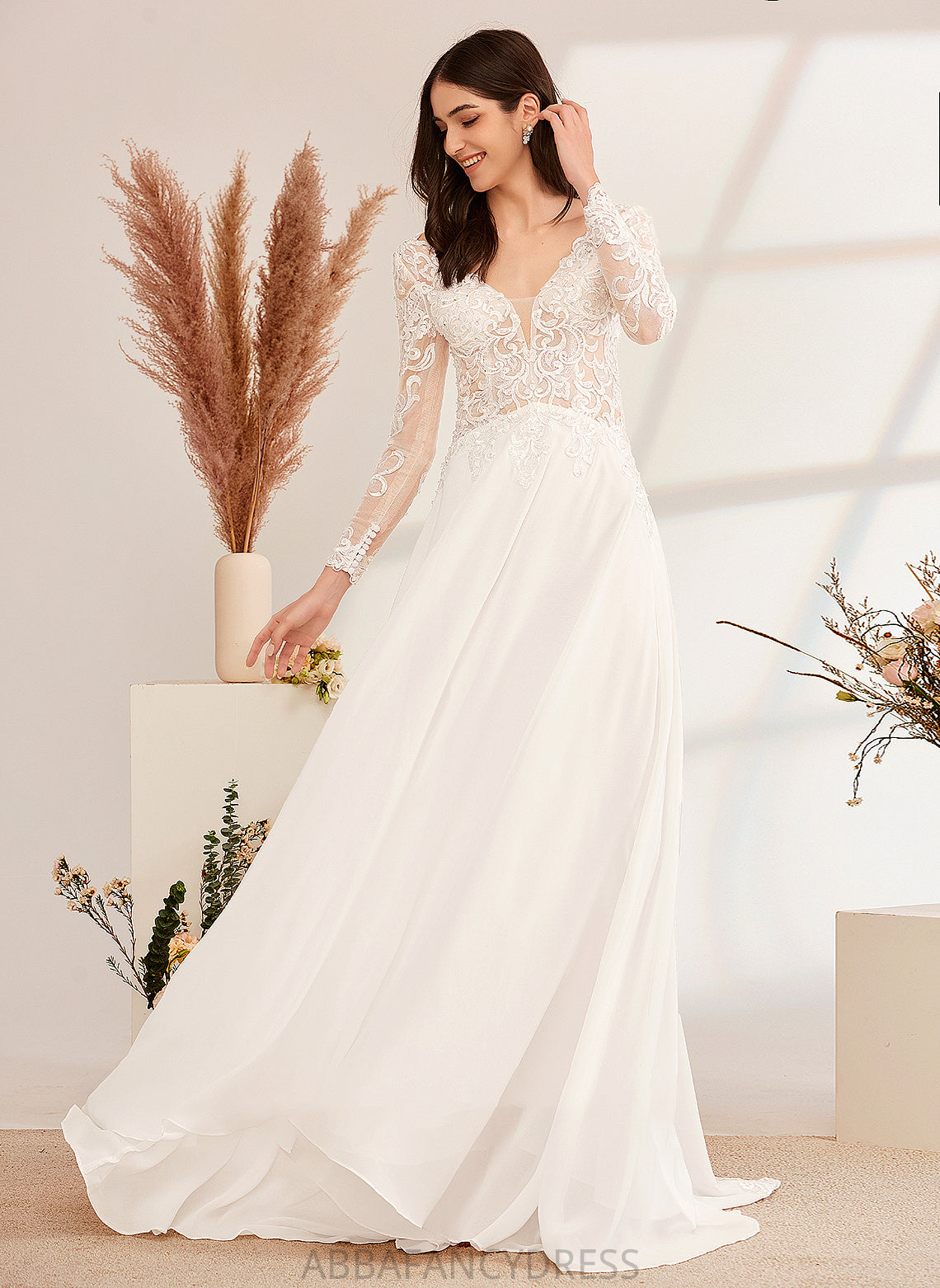 Wedding Sweep A-Line Beading Dress Kiersten V-neck Wedding Dresses With Train