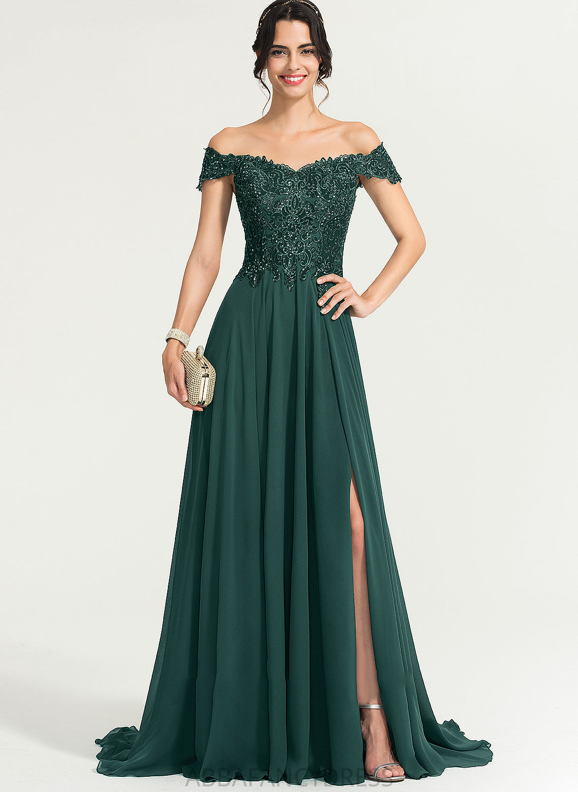 Hallie Off-the-Shoulder With Train Front Split Sweep Chiffon Prom Dresses A-Line Sequins