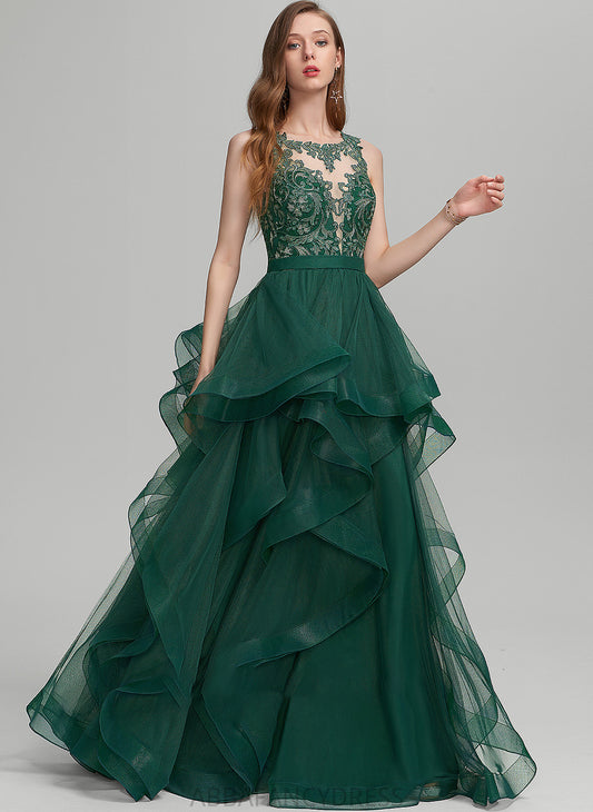 Lizeth Scoop Floor-Length With Prom Dresses Ball-Gown/Princess Ruffle Neck Lace Tulle