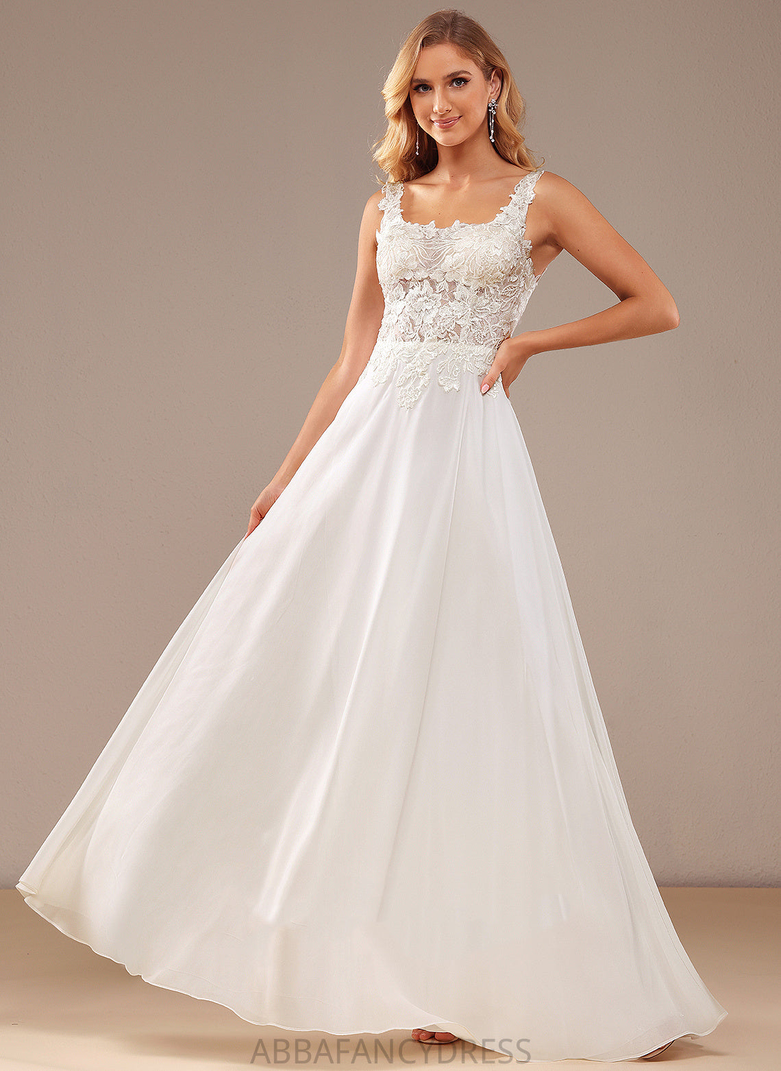 Dress Floor-Length A-Line With Wedding Dresses Sequins Wedding Melina Lace Chiffon Neckline Lace Square