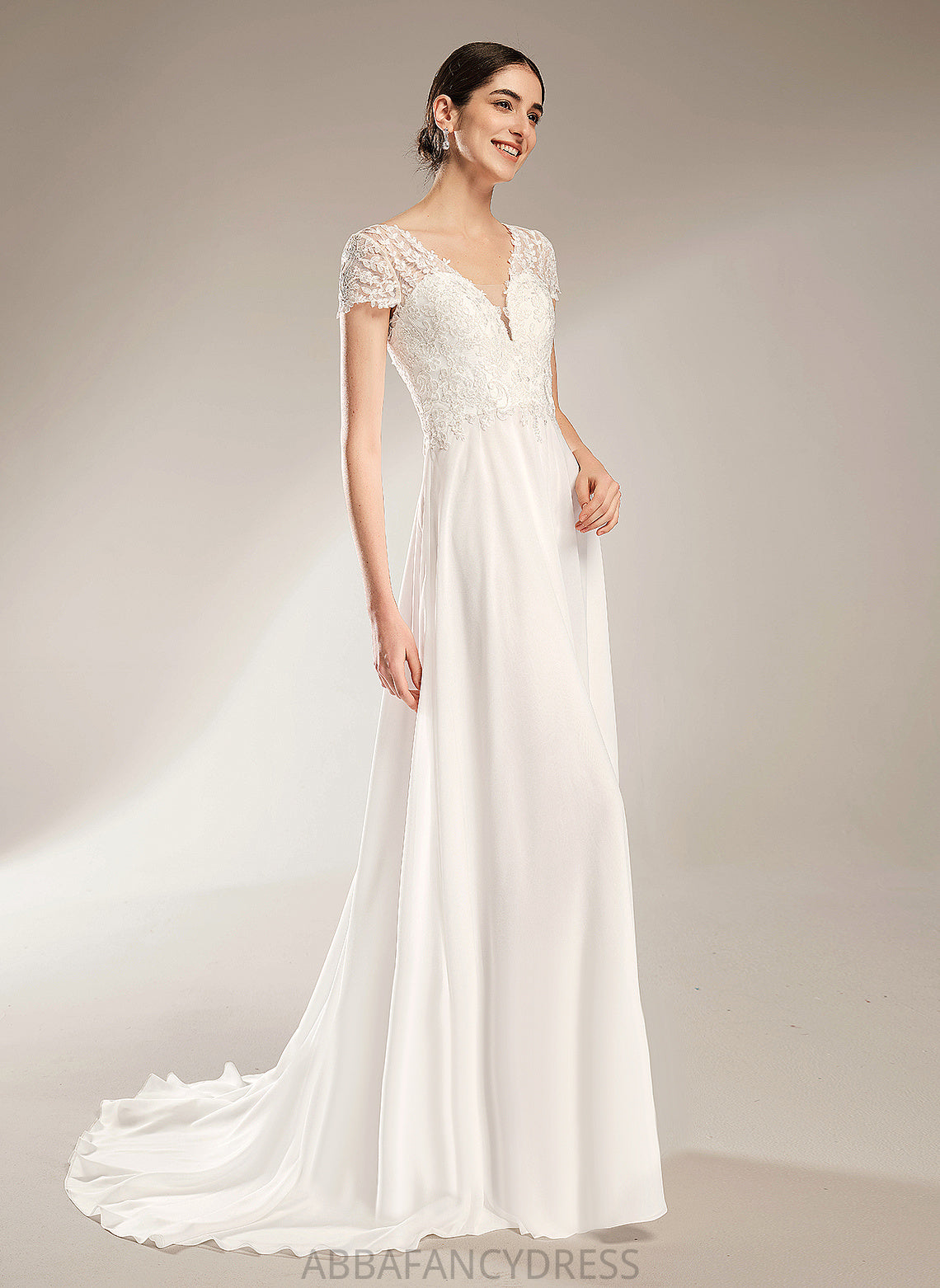 Chiffon Bow(s) V-neck Monique A-Line Wedding Dresses Dress Court Lace With Wedding Train