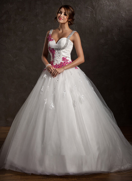 Sweetheart Ball-Gown/Princess Appliques Wedding Athena Ruffle Bow(s) Train Wedding Dresses Chapel Lace Dress With Tulle