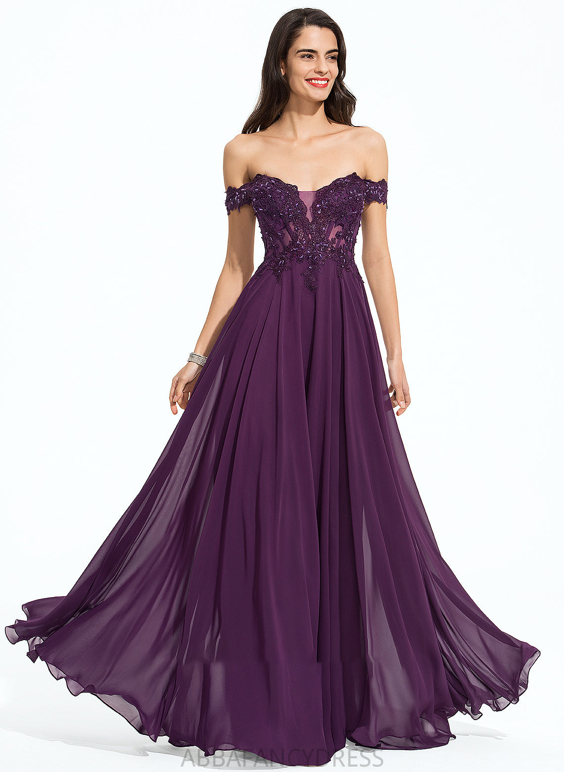 With Prom Dresses Ball-Gown/Princess Madyson Floor-Length Beading Sequins Chiffon Off-the-Shoulder