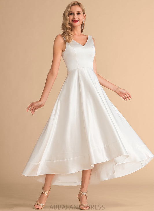 A-Line Abbie Wedding Satin Wedding Dresses V-neck Dress Asymmetrical