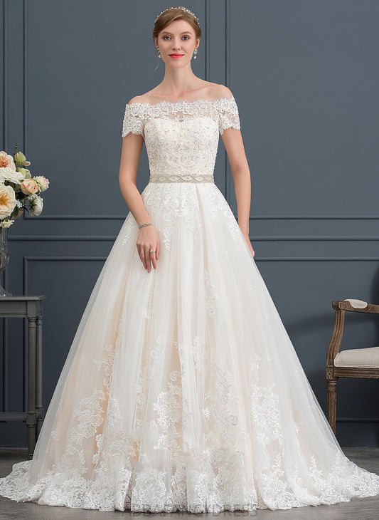 Wedding Dresses Heidi Lace Off-the-Shoulder Dress Beading Train With Sequins Wedding Ball-Gown/Princess Tulle Court