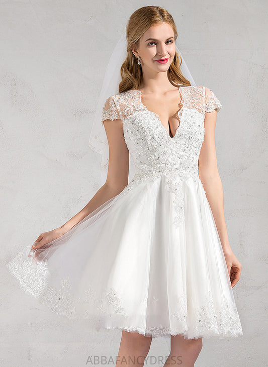 Lace Dress A-Line Knee-Length Sequins Lace Tulle V-neck Beading With Wedding Dresses Appliques Madelynn Wedding