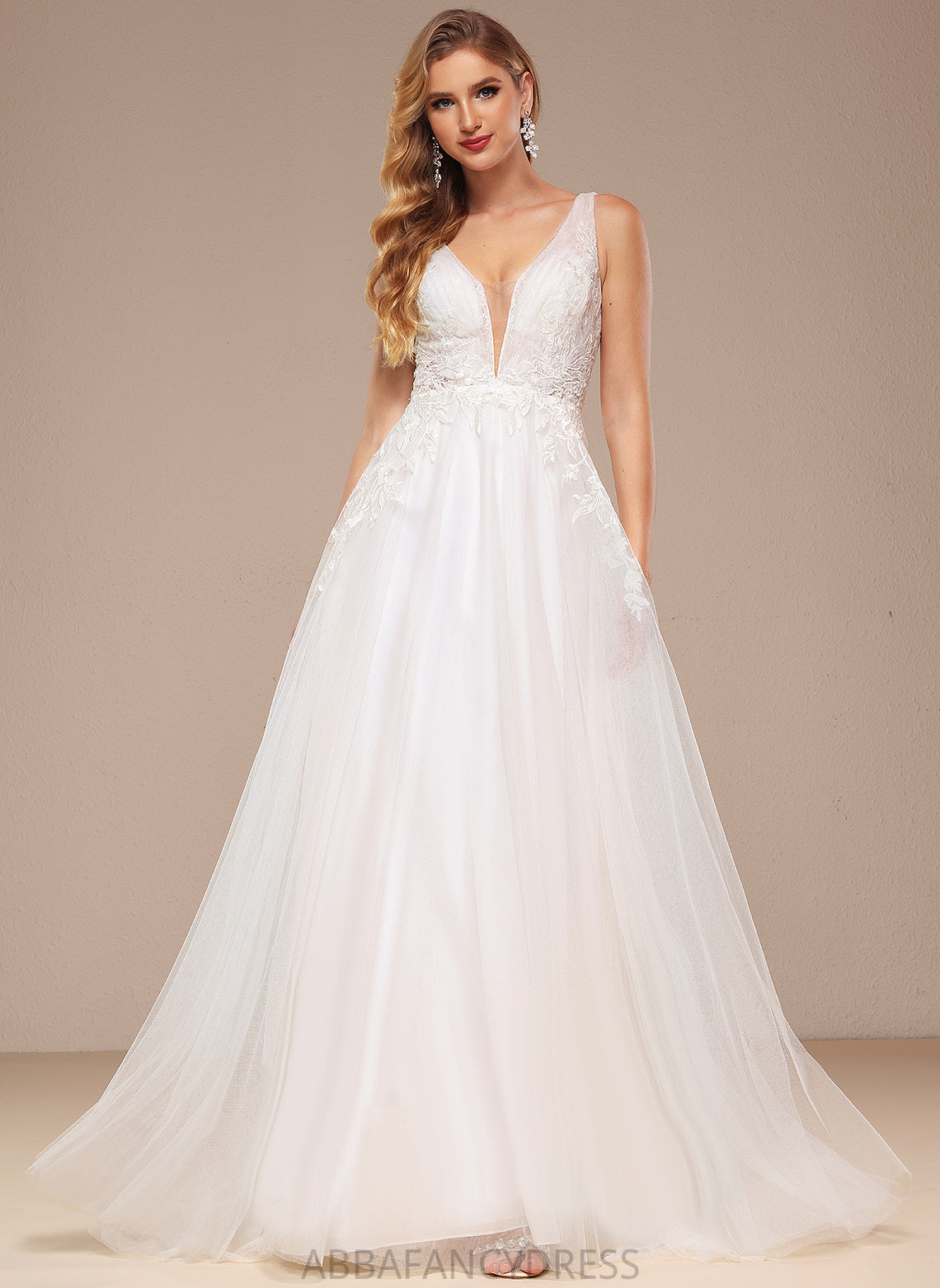 Dress Sequins A-Line Train V-neck Lace Sweep Tulle With Wedding Dresses Rhianna Wedding