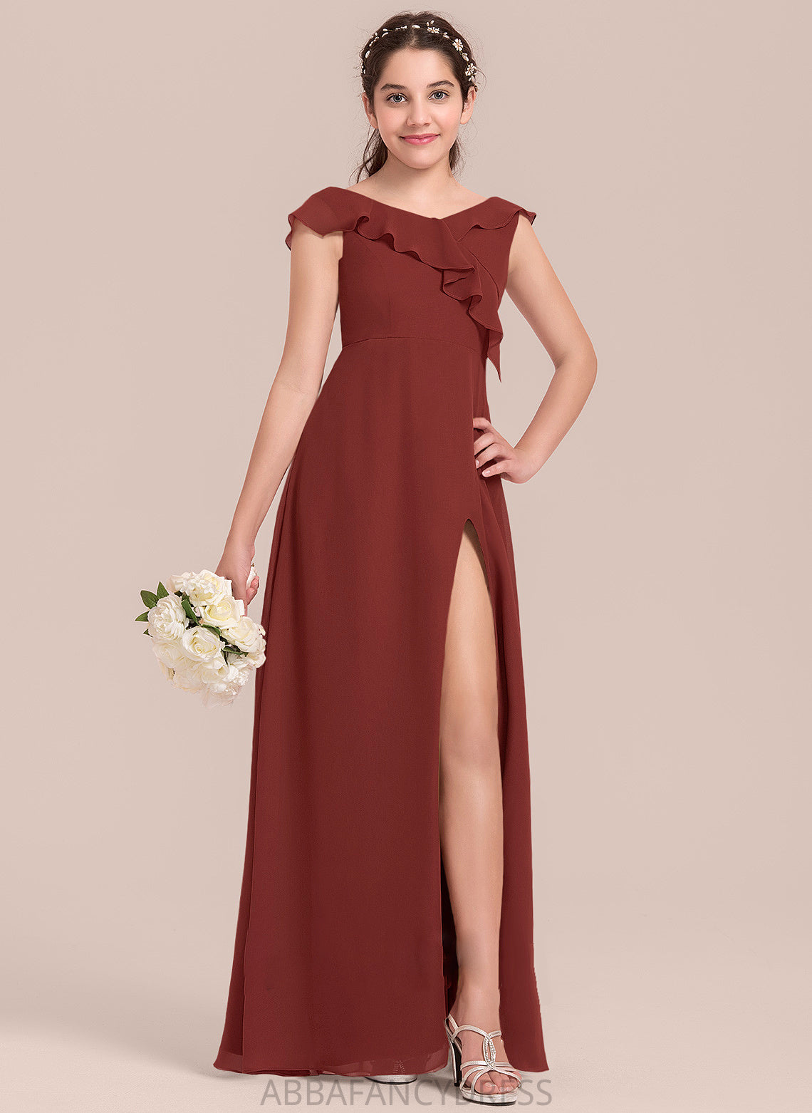 Luna Chiffon Split Cascading Junior Bridesmaid Dresses Ruffles A-Line With V-neck Front Floor-Length