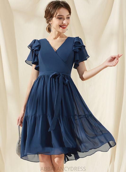 Dress Bow(s) Homecoming Knee-Length Virginia Cascading A-Line Ruffles Homecoming Dresses V-neck Chiffon With