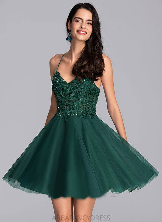 V-neck Short/Mini Elle With Tulle Homecoming Beading Dress Sequins A-Line Homecoming Dresses