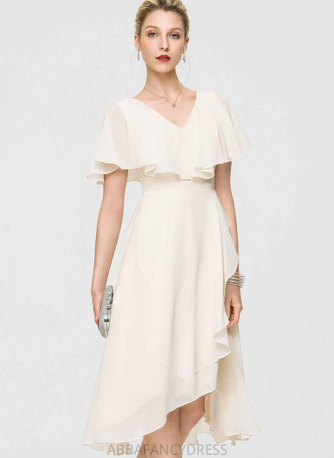 Cascading Wedding A-Line Bow(s) Chiffon Wedding Dresses V-neck Cassidy Dress With Asymmetrical Ruffles