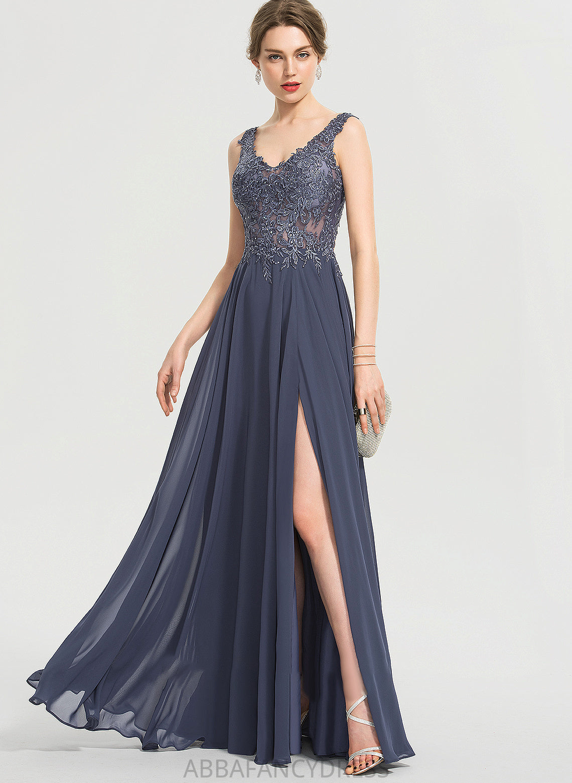 Sequins A-Line Prom Dresses Front Beading Chiffon With Lara Floor-Length Split V-neck