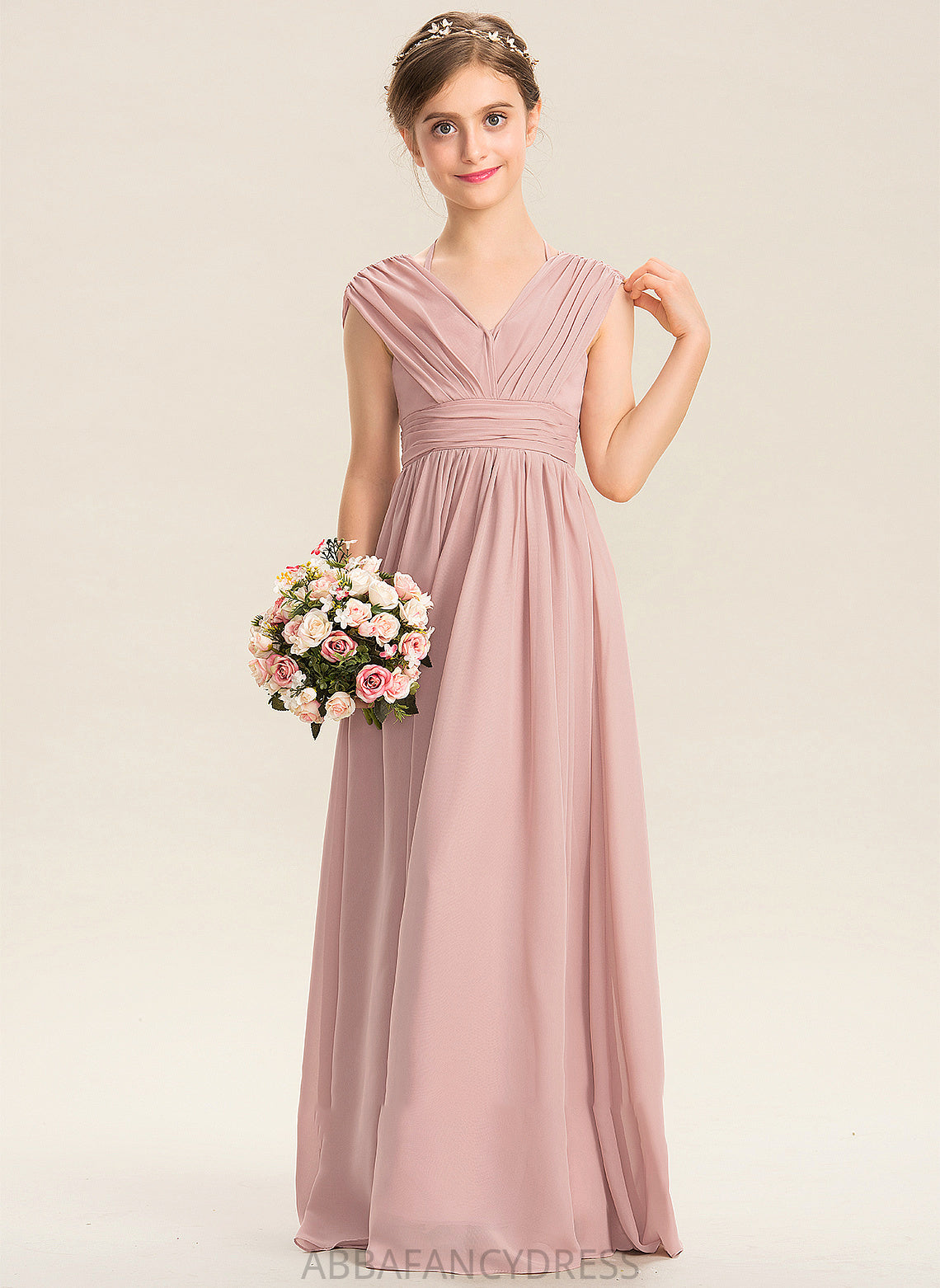 Bow(s) Chiffon With A-Line Floor-Length Ruffle V-neck Junior Bridesmaid Dresses Joanna