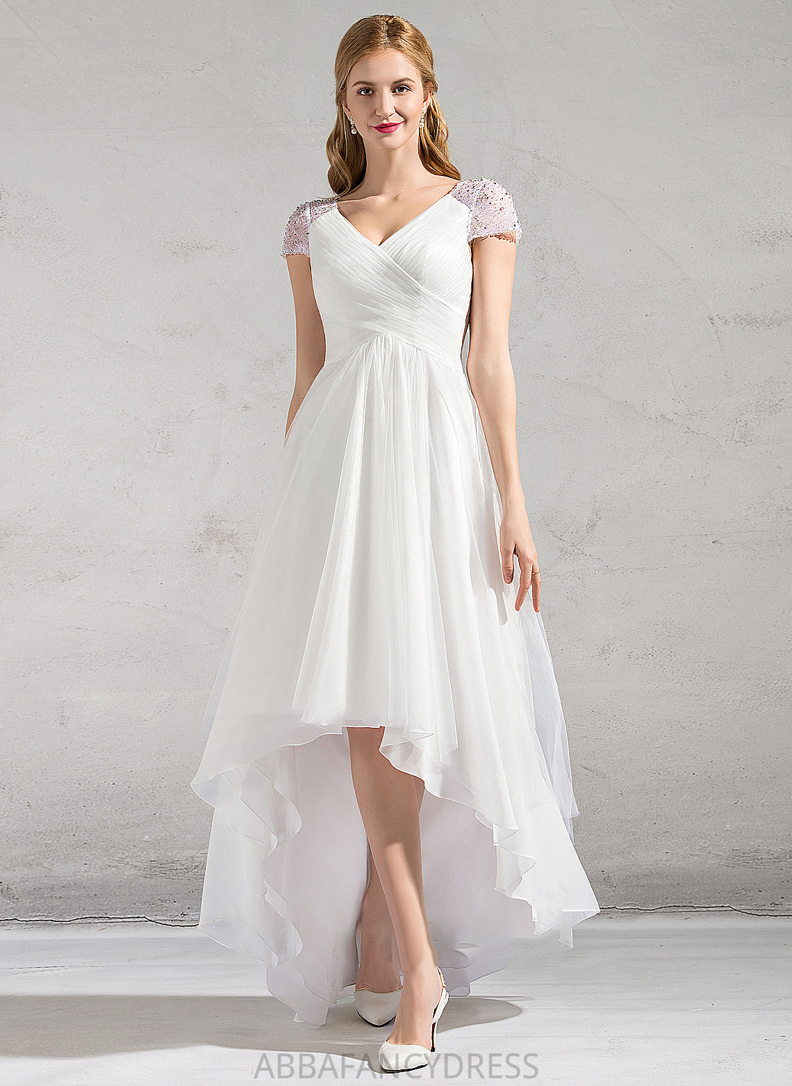 Sequins A-Line Asymmetrical Ruffle Wedding Wedding Dresses Karen Tulle Dress V-neck With Beading