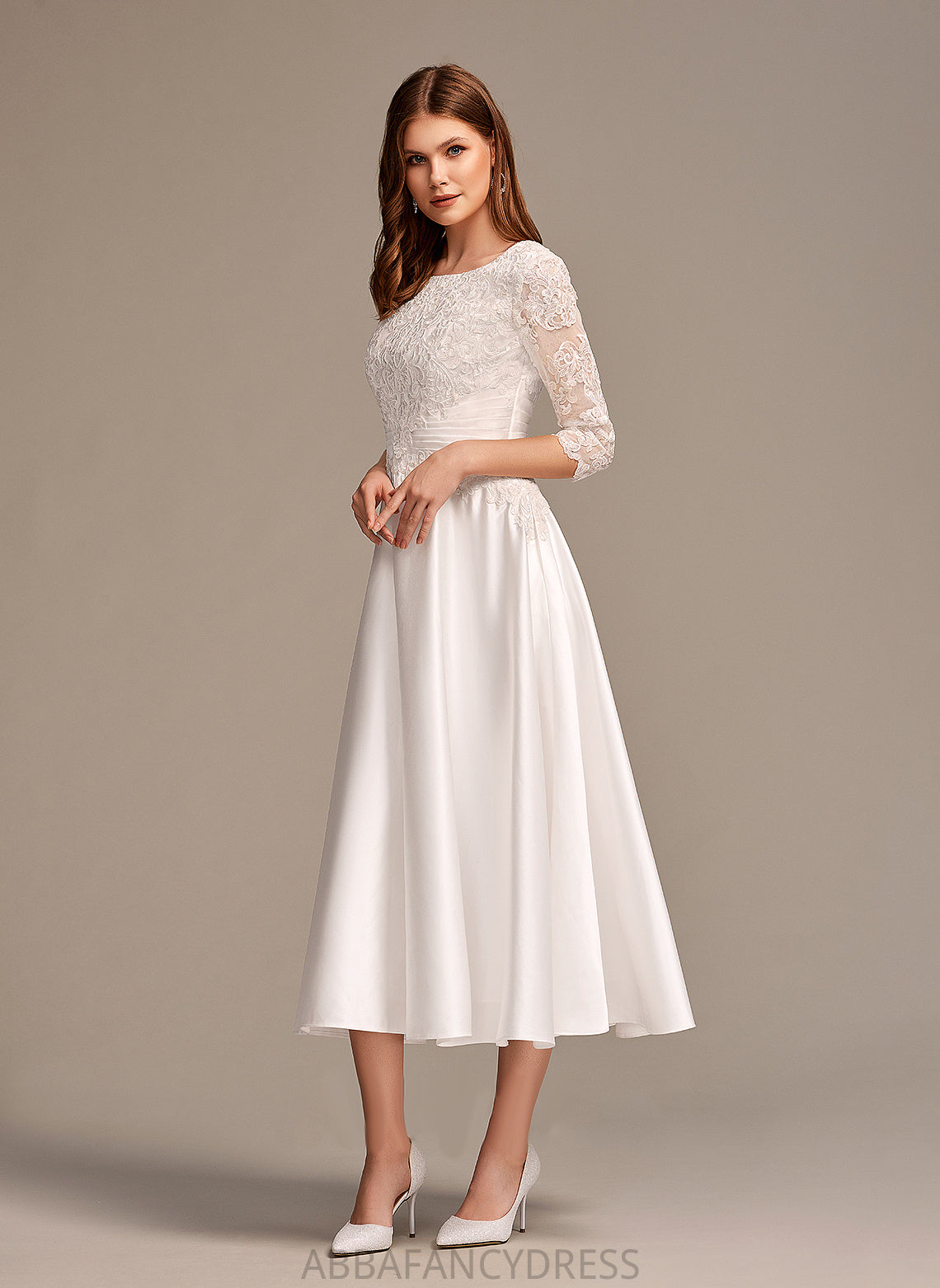 Tea-Length Lace With Scoop Dress Pockets Angela Satin Neck Wedding Dresses A-Line Wedding