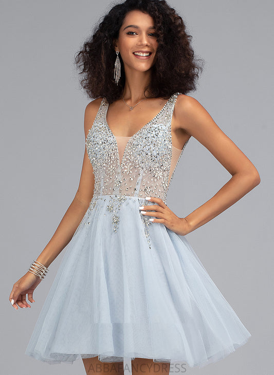 Homecoming Beading Tulle Short/Mini Sequins Dress V-neck Ayana A-Line Homecoming Dresses With