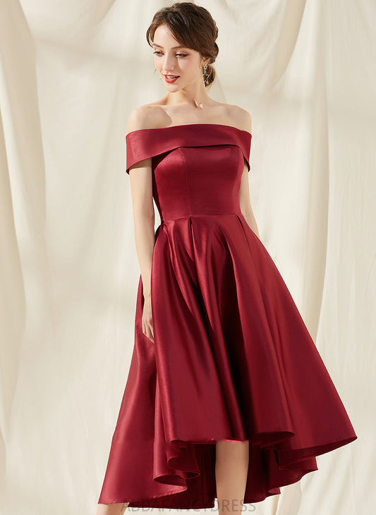 Norma Homecoming Dresses Off-the-Shoulder Satin A-Line Homecoming Asymmetrical Dress Pockets With