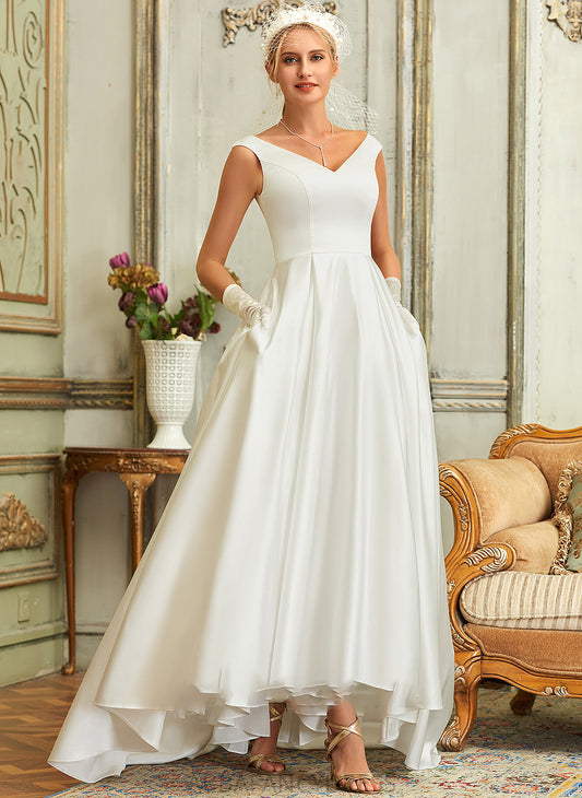 With V-neck Pockets Satin Joselyn Wedding Ball-Gown/Princess Asymmetrical Wedding Dresses Dress