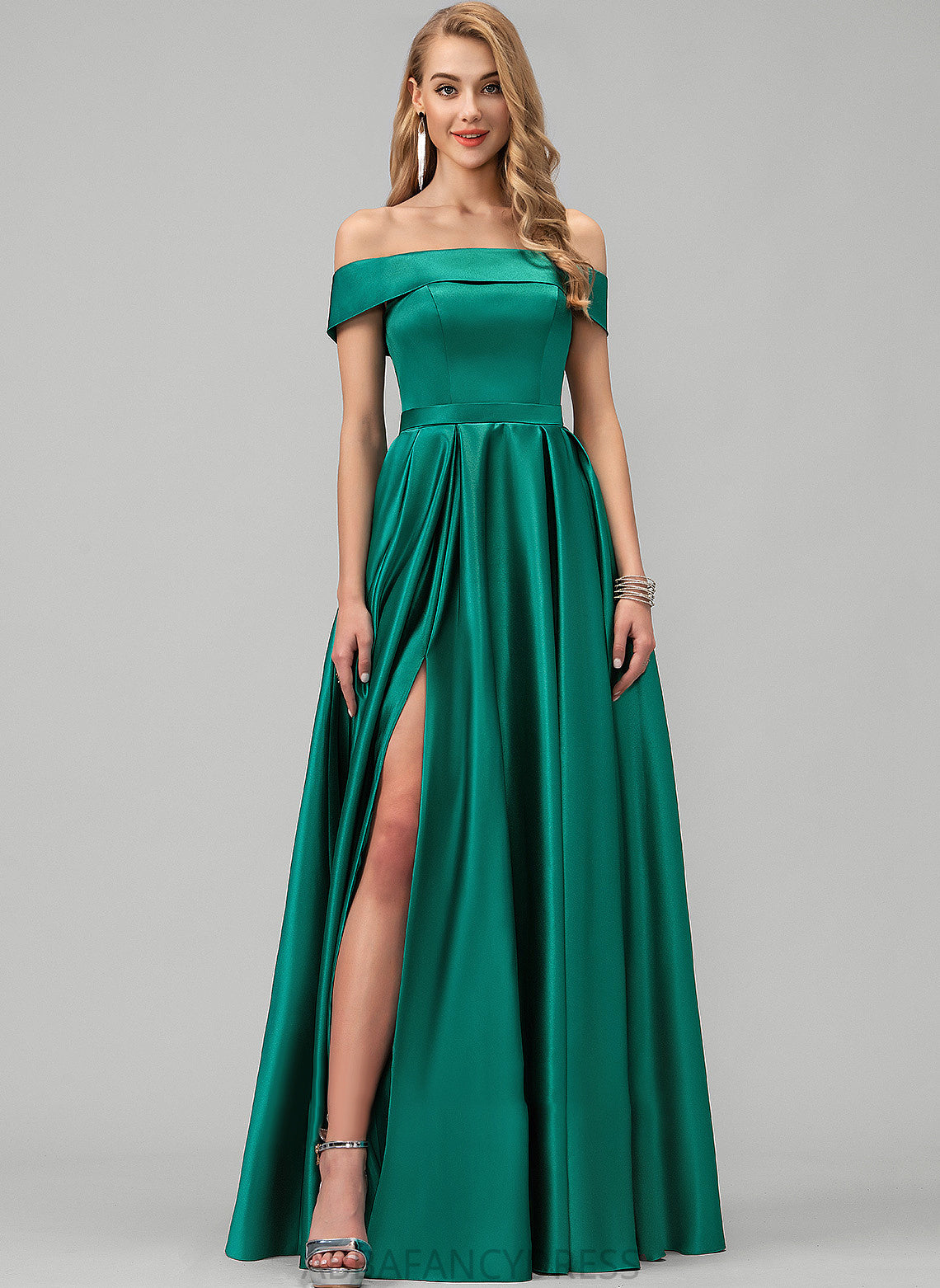 Satin Front Floor-Length Prom Dresses Split Ball-Gown/Princess With Pockets Off-the-Shoulder Mallory