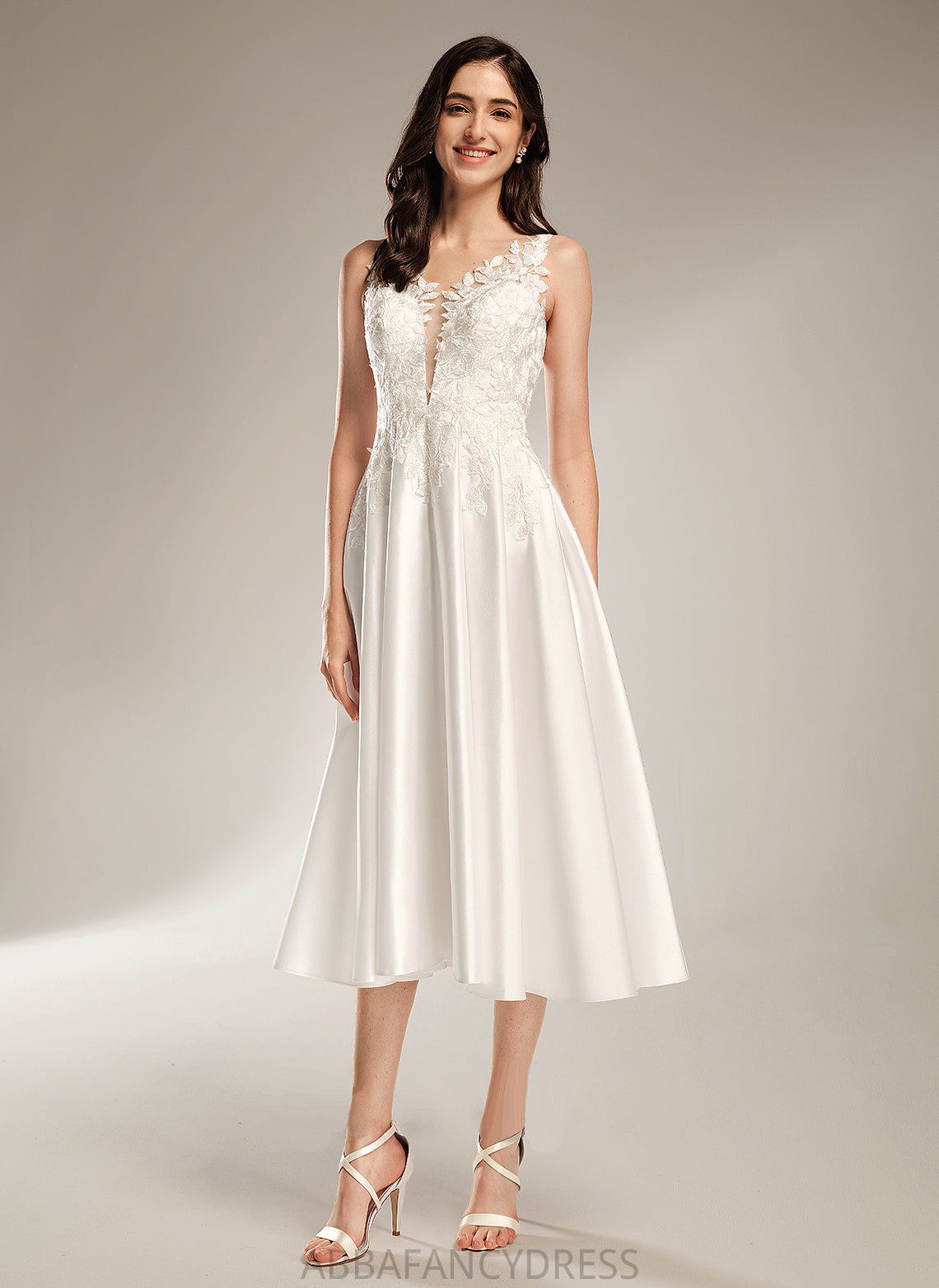 V-neck With Arely Dress Wedding Tea-Length A-Line Wedding Dresses Pockets