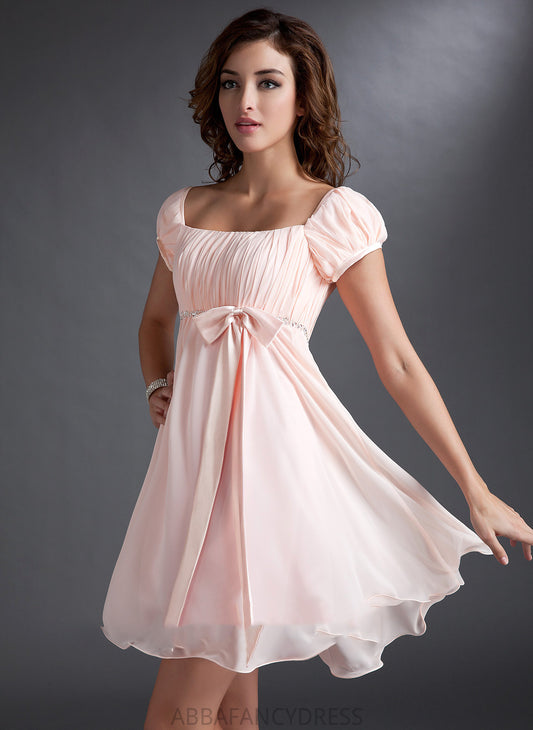 Dress With Lilly Neckline Homecoming Bow(s) Short/Mini Beading Square A-Line Ruffle Chiffon Homecoming Dresses