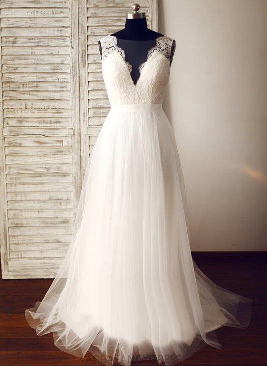 Lace A-Line Maud Wedding Dresses Dress Sweep V-neck Wedding Train Tulle