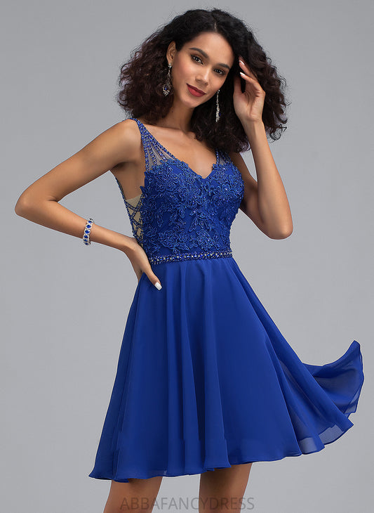 V-neck A-Line Dress Chiffon Short/Mini Tiara Lace Beading Homecoming With Homecoming Dresses