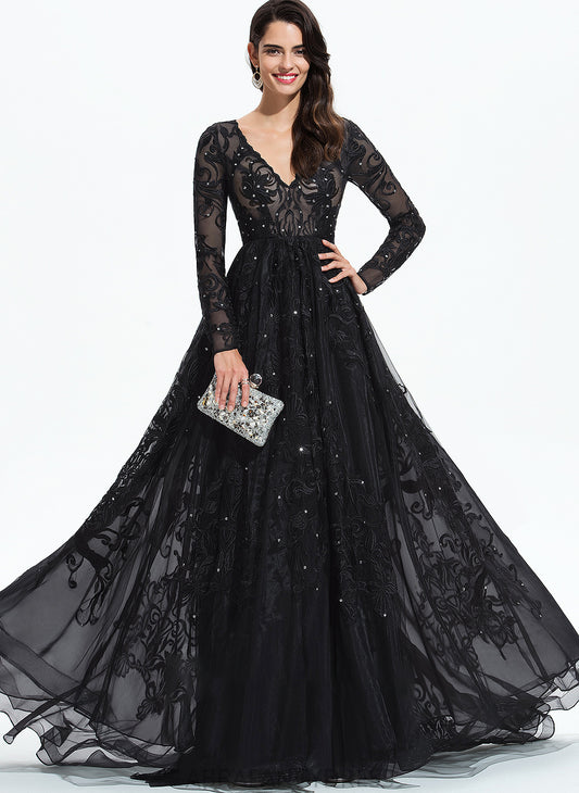 Ball-Gown/Princess Lace Prom Dresses Sequins Tulle Jaylyn Train With Sweep V-neck