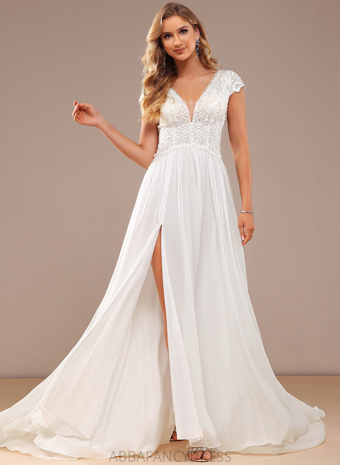 Wedding Lace Rosalind Front Wedding Dresses Dress Train V-neck Sweep Split With Lace Chiffon A-Line