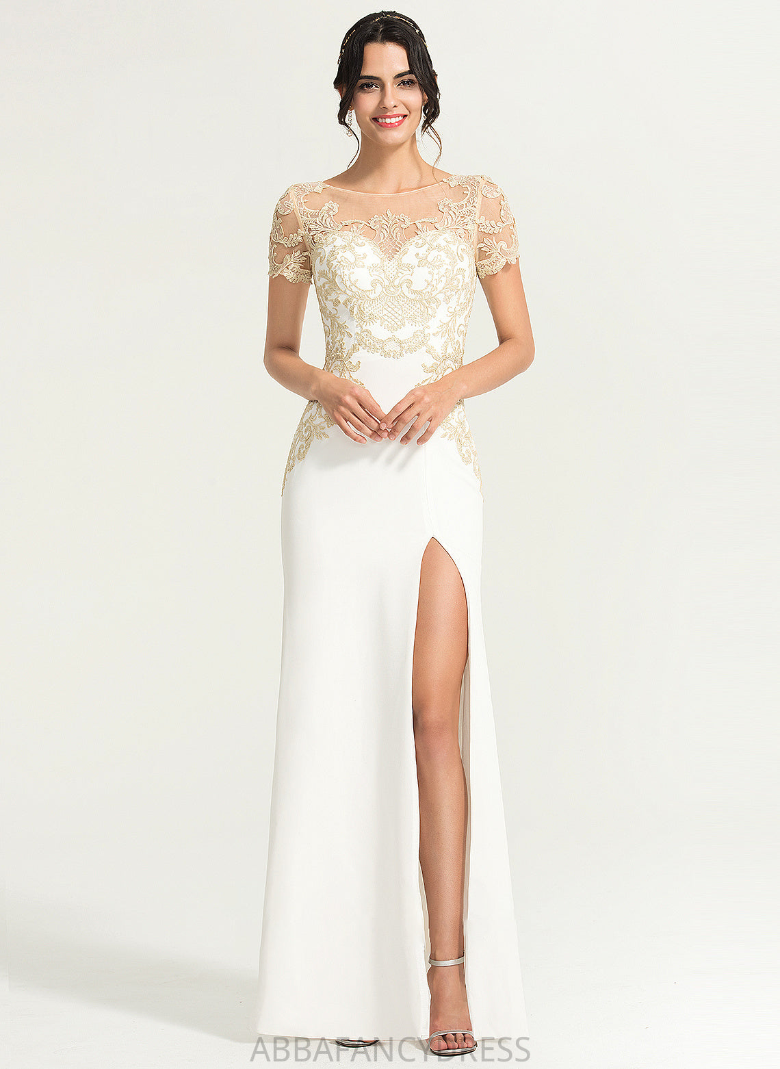 Neck Split Wedding Dresses Stretch Scoop Crepe With Front Sheath/Column Dress Dayanara Floor-Length Wedding